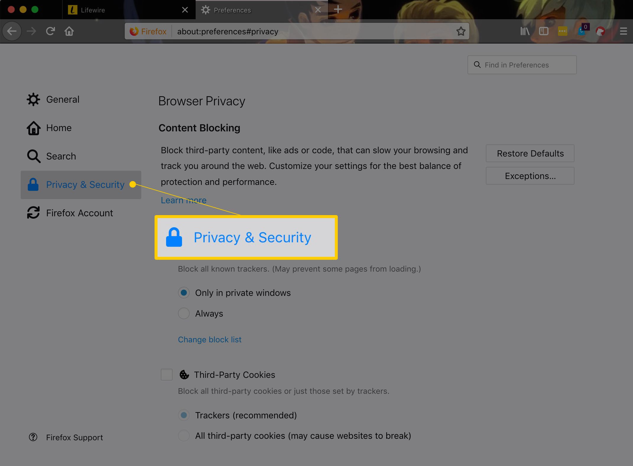 Tabblad Privacy en beveiliging aan de linkerkant van het scherm Opties in Firefox
