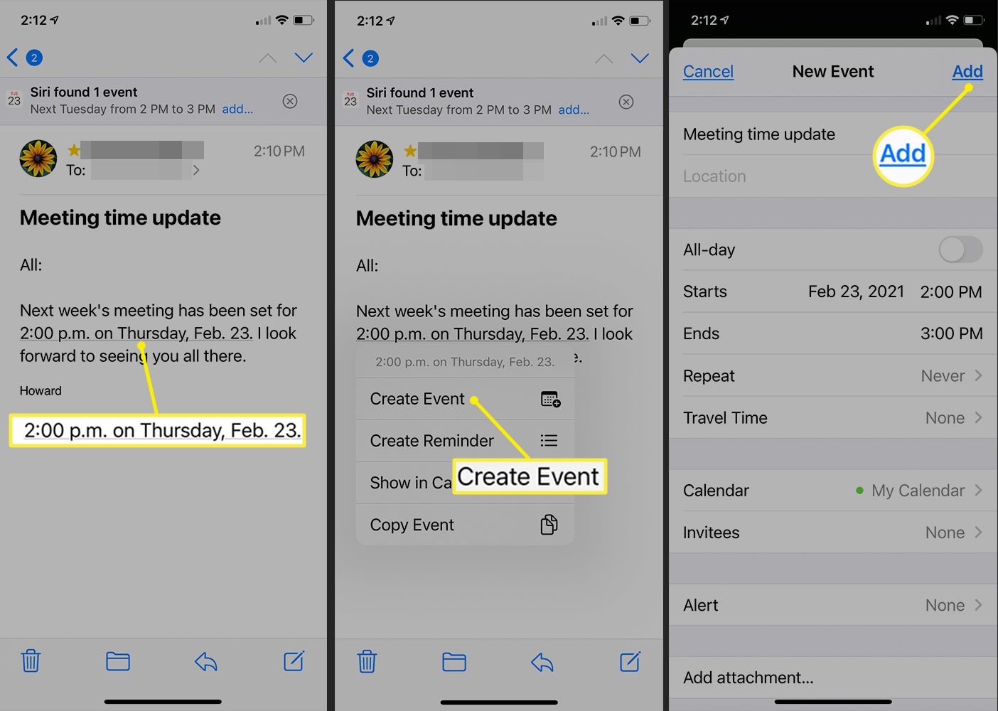 iOS Mail toont een door Siri geïdentificeerde gebeurtenis