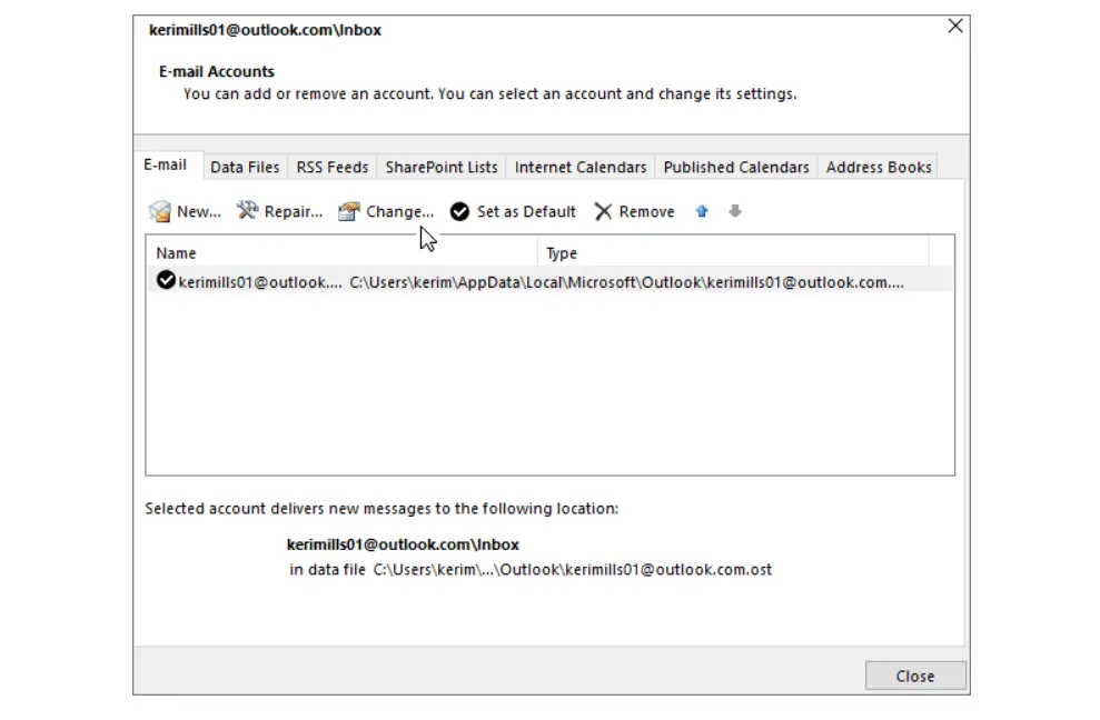 Foto van het detailvenster van het e-mailaccount in Windows.