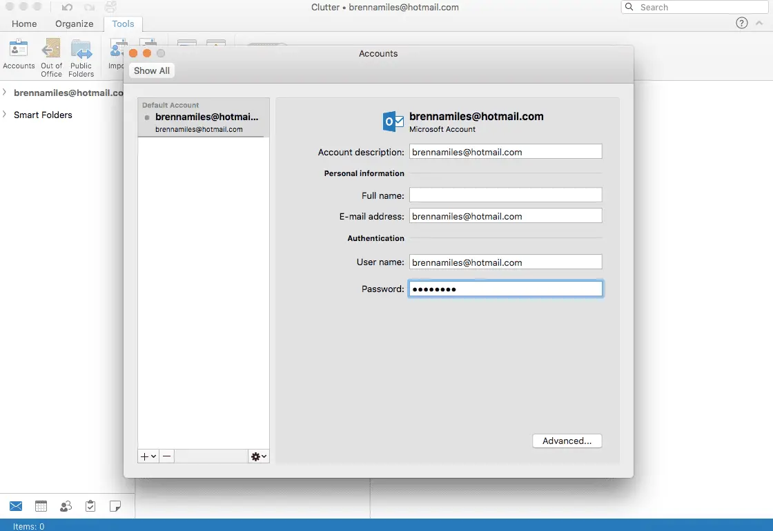 Foto van wachtwoordwijziging in Accounts-venster op Mac