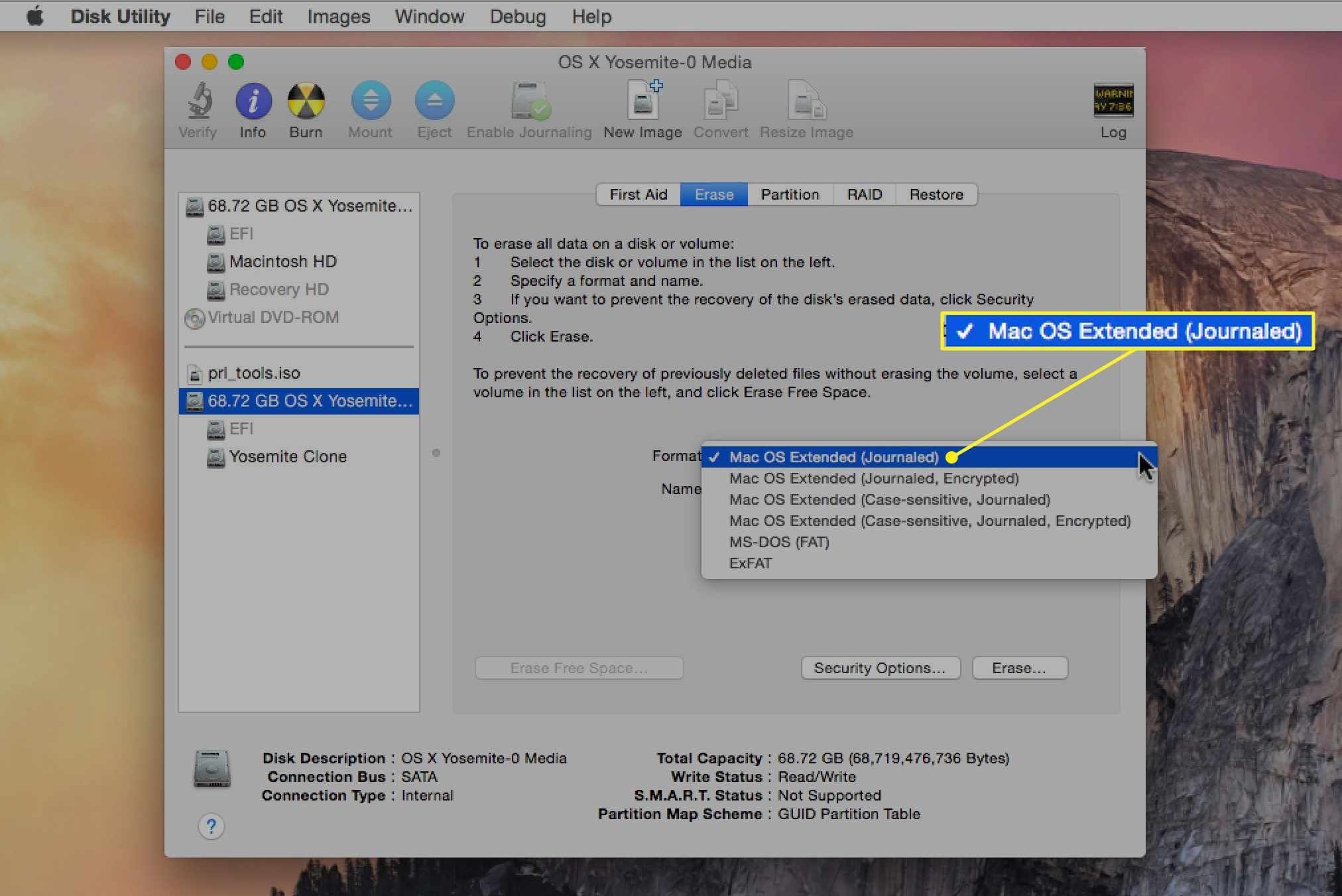 Schijfhulpprogramma met Mac OS Uitgebreid (journaled) geselecteerd als formaat