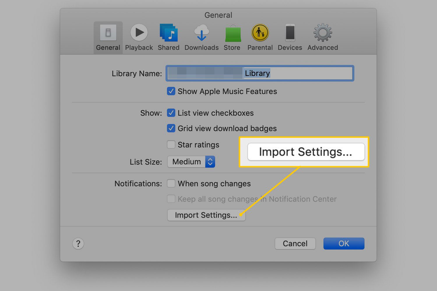 Knop Instellingen importeren in iTunes-voorkeuren