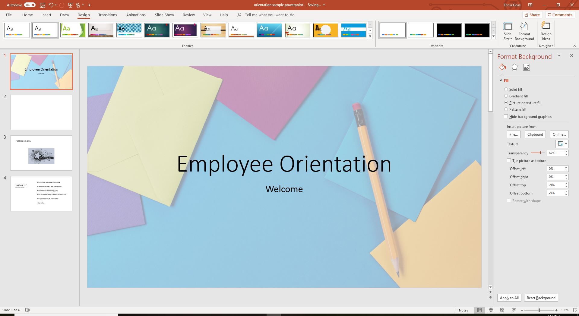 Een schermafbeelding met de optie Transparantie instellen voor achtergrondafbeelding in PowerPoint.
