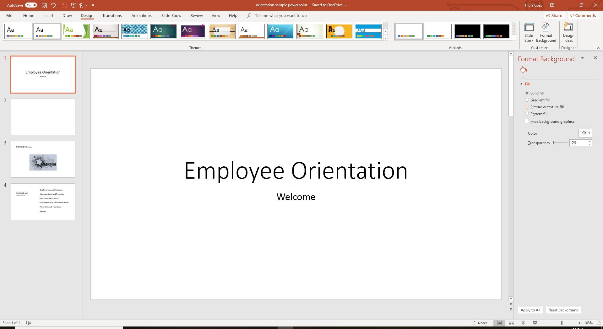 Een schermafbeelding met het deelvenster Achtergrond in PowerPoint-indeling.