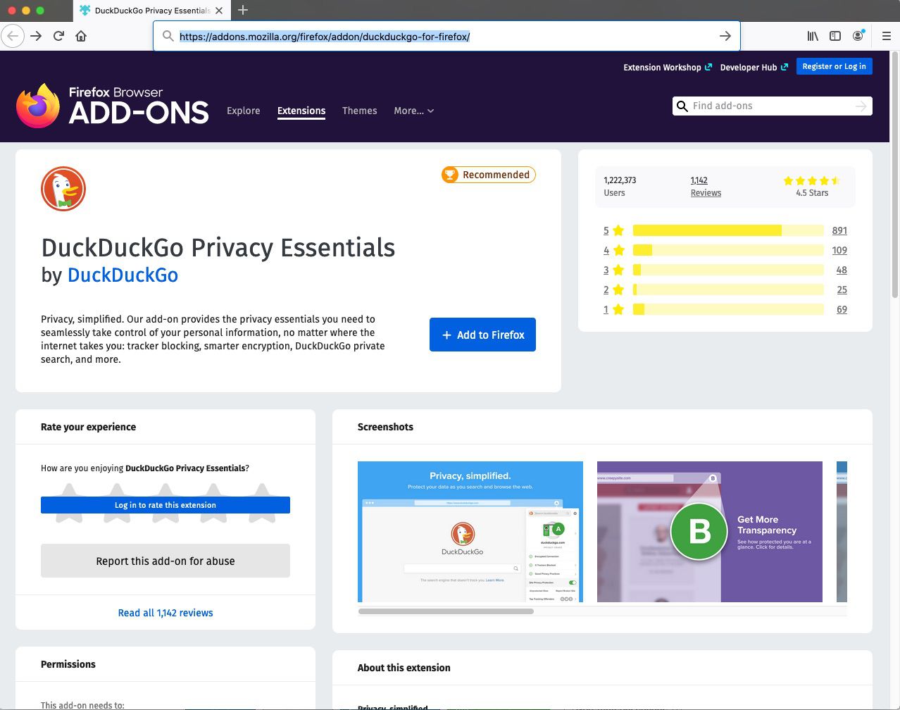 Vind DuckDuckGo Privacy Essentials op de Mozilla Firefox Add-On-pagina.