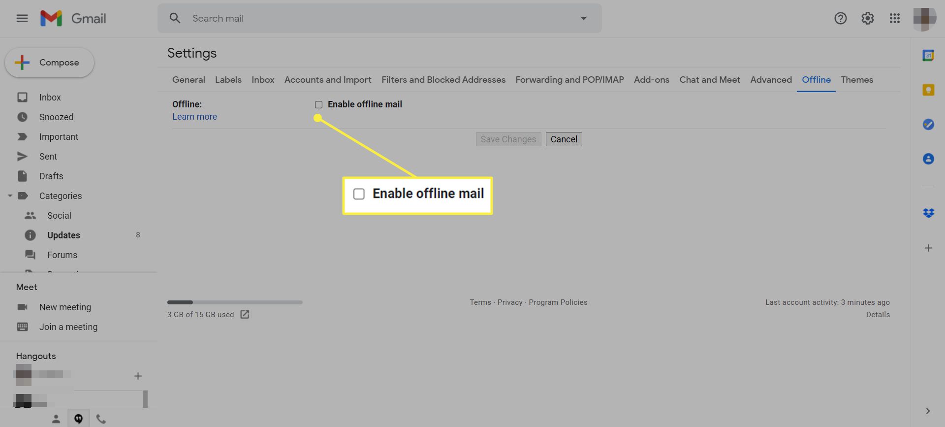 Gmail-instellingen met de optie 'Offline e-mail inschakelen' gemarkeerd
