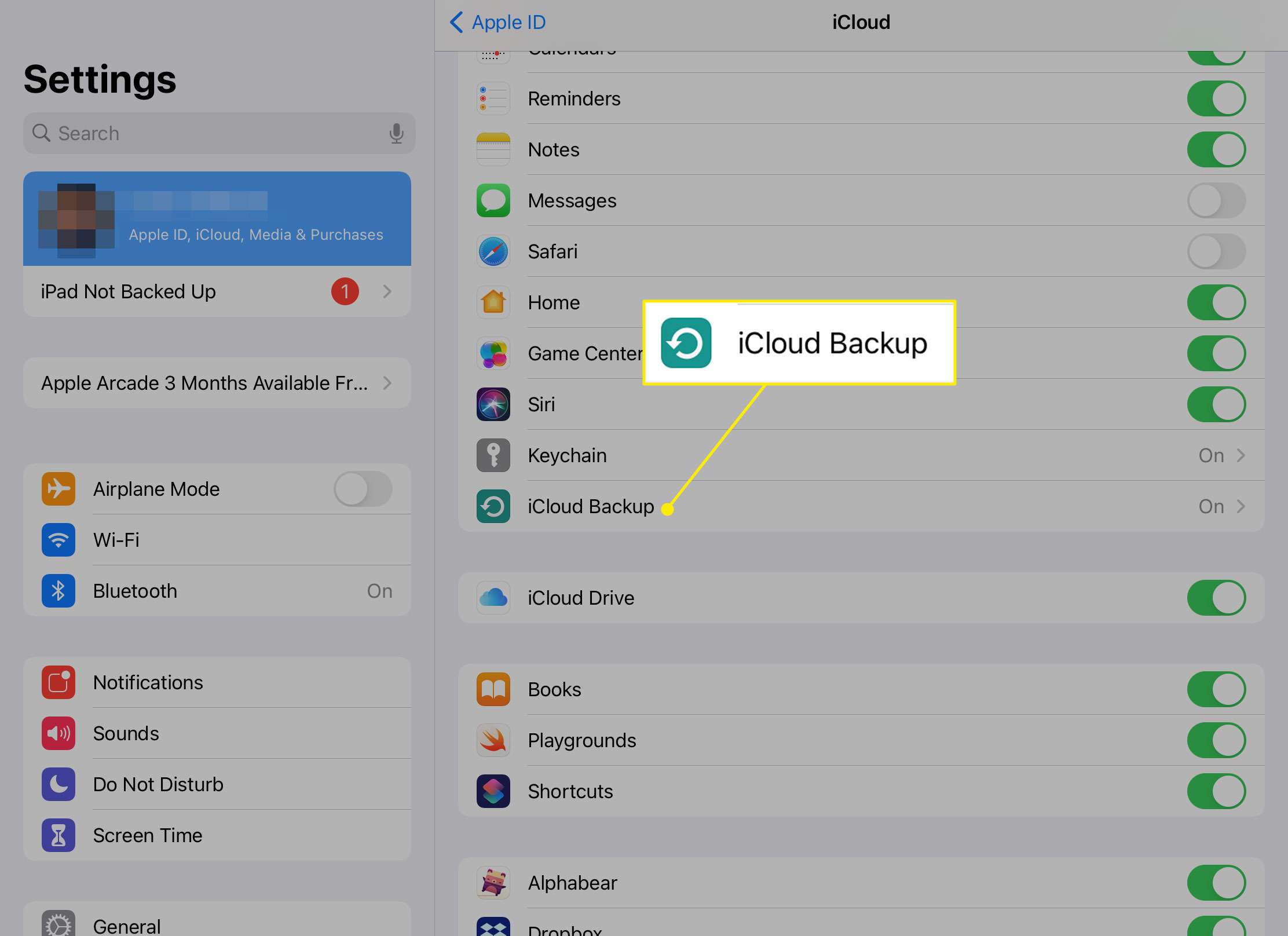De iCloud-back-upoptie in iCloud-instellingen op een iPad