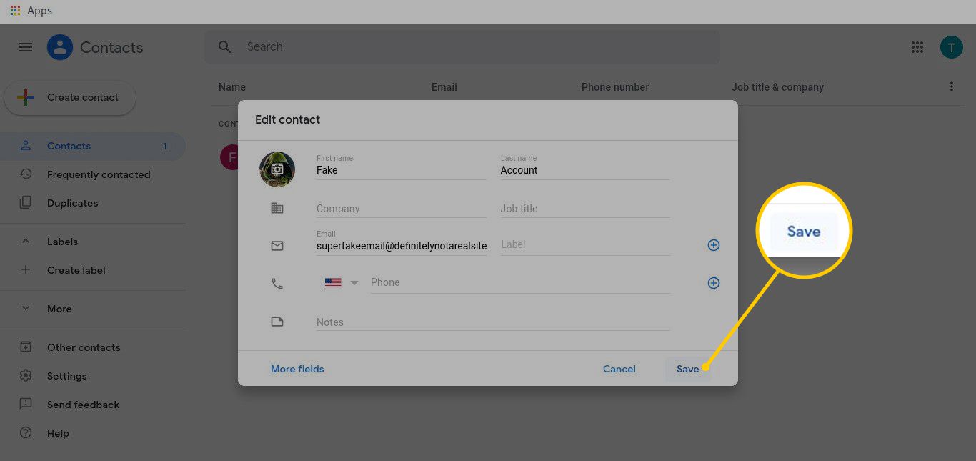 Knop Opslaan voor Contact in Gmail