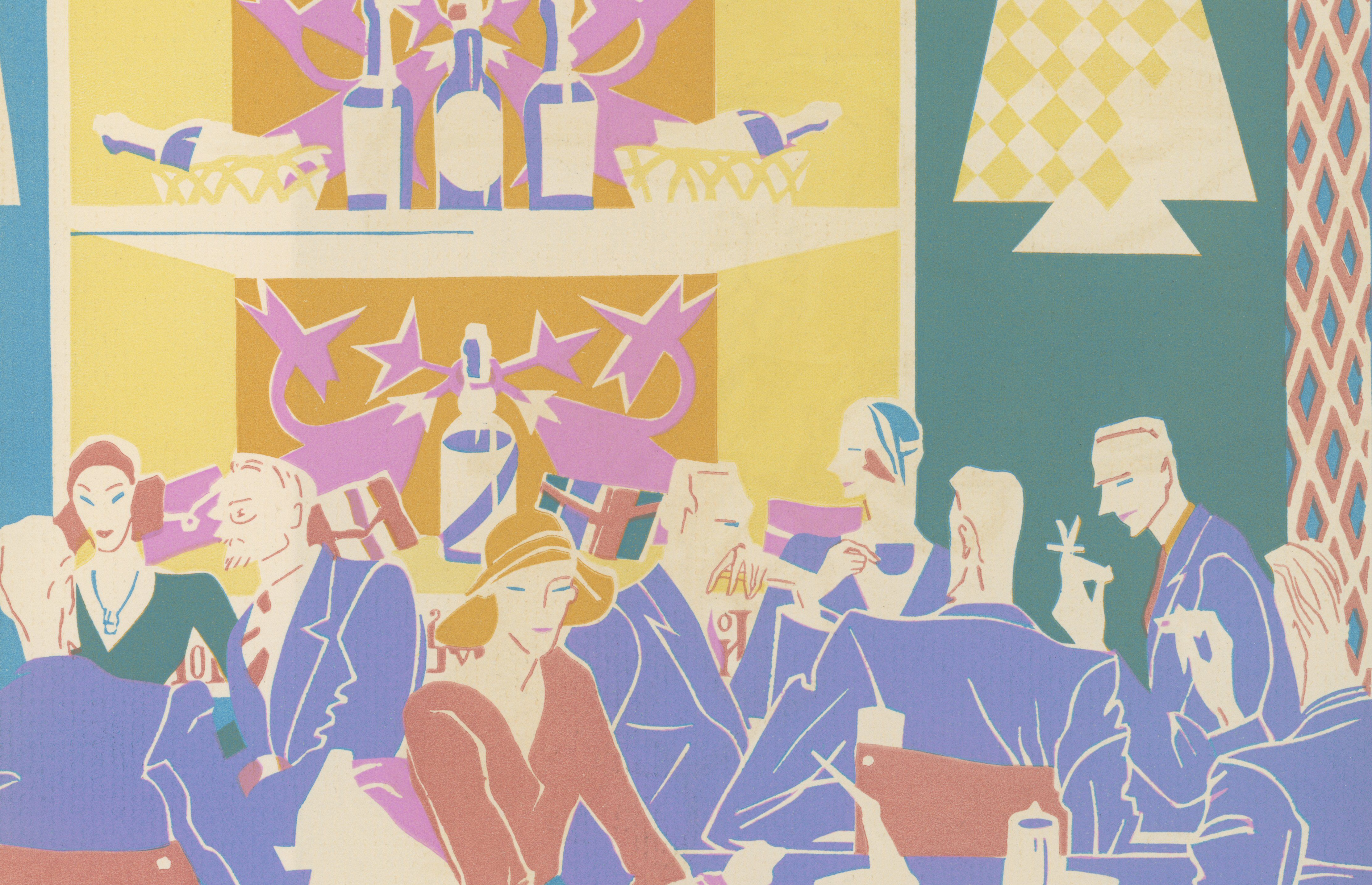 Historische zeefdrukillustratie uit 1931 van mecenassen die aan tafels zitten in een art-deco gekleurde jazzclub