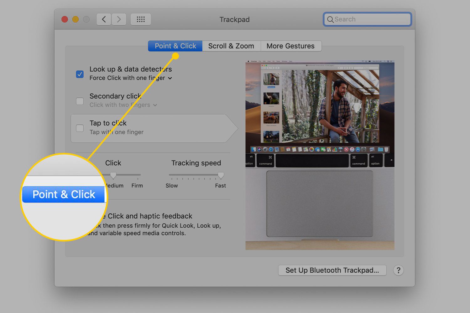 Tabblad Aanwijzen & klikken in Trackpad-instellingen op een Mac