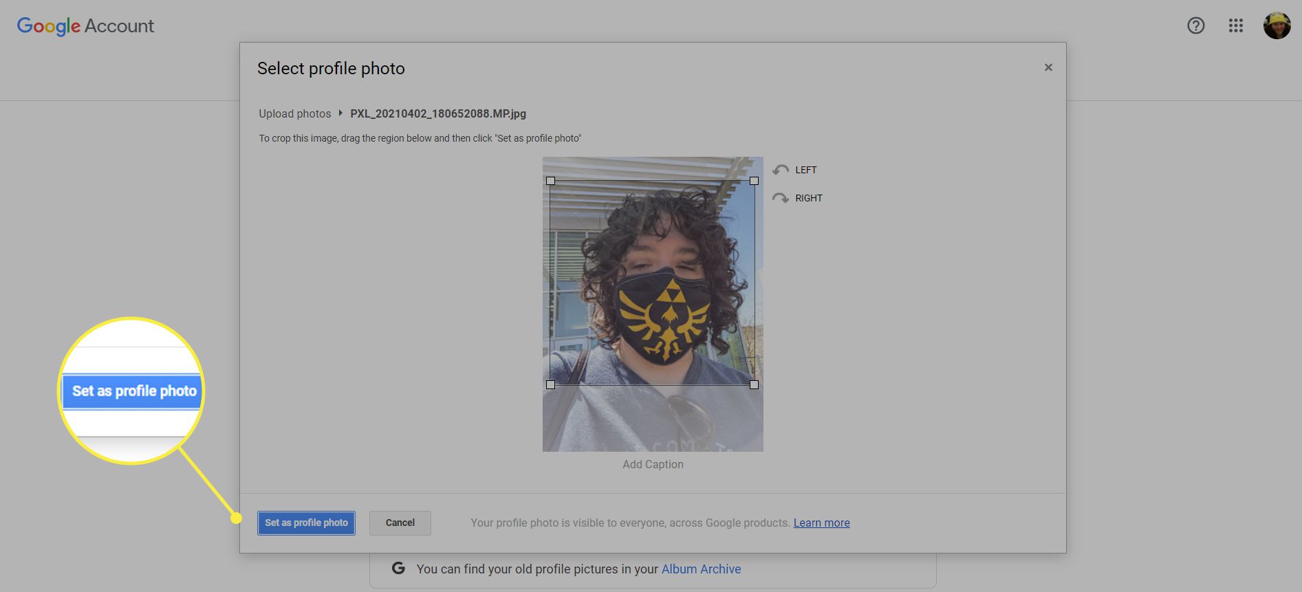 Een Google-gebruiker wijzigt zijn profielfoto.  De knop 'Instellen als profielfoto' is gemarkeerd.