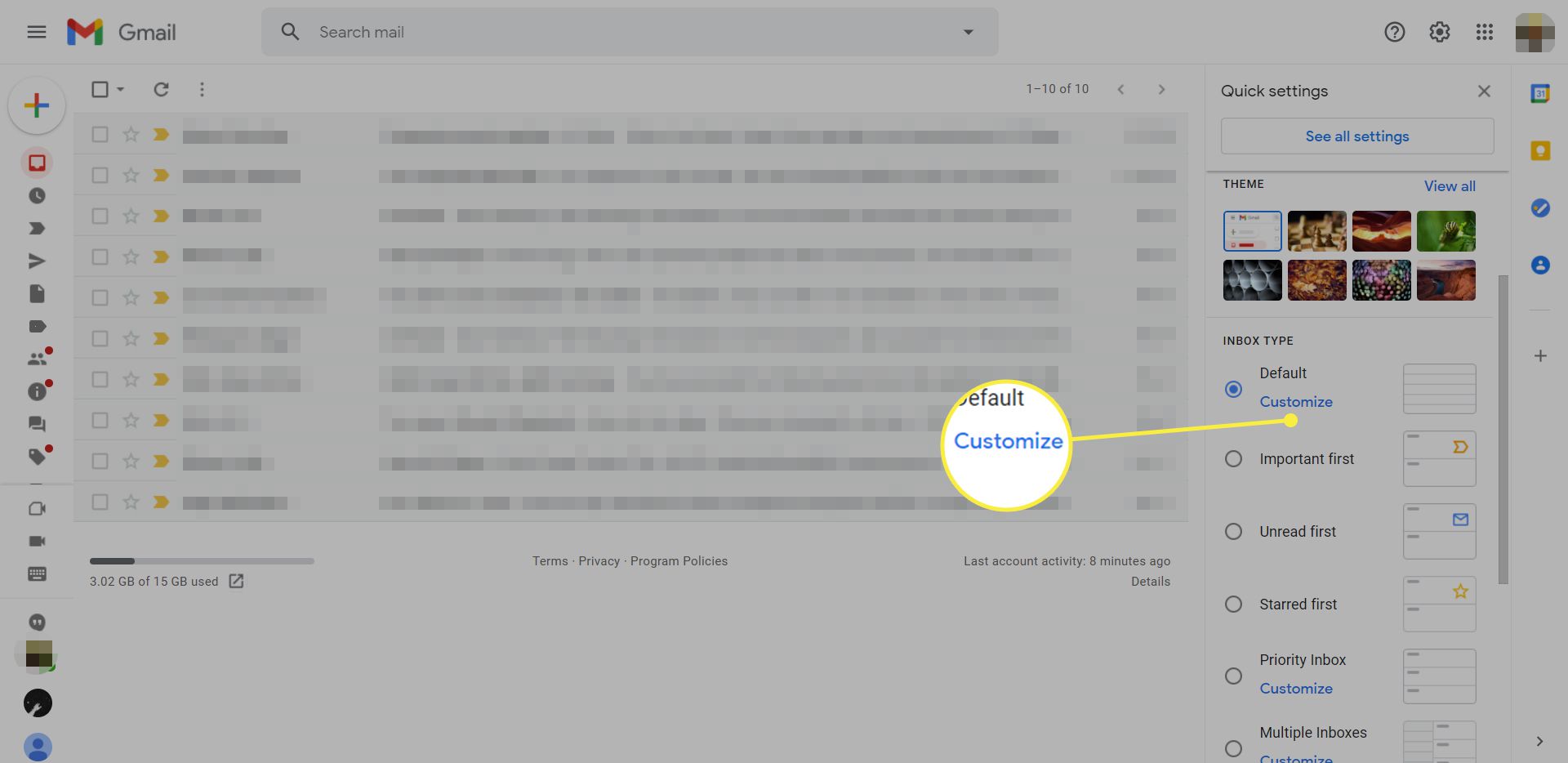 Een Gmail-inbox met het menu Instellingen weergegeven en de koppeling van het type inbox aanpassen gemarkeerd