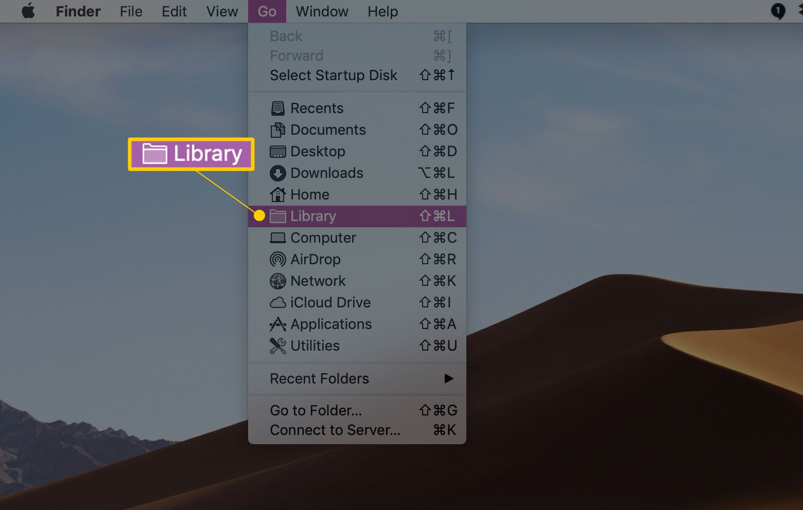 Bibliotheekmap weergegeven in het menu Ga van macOS Finder
