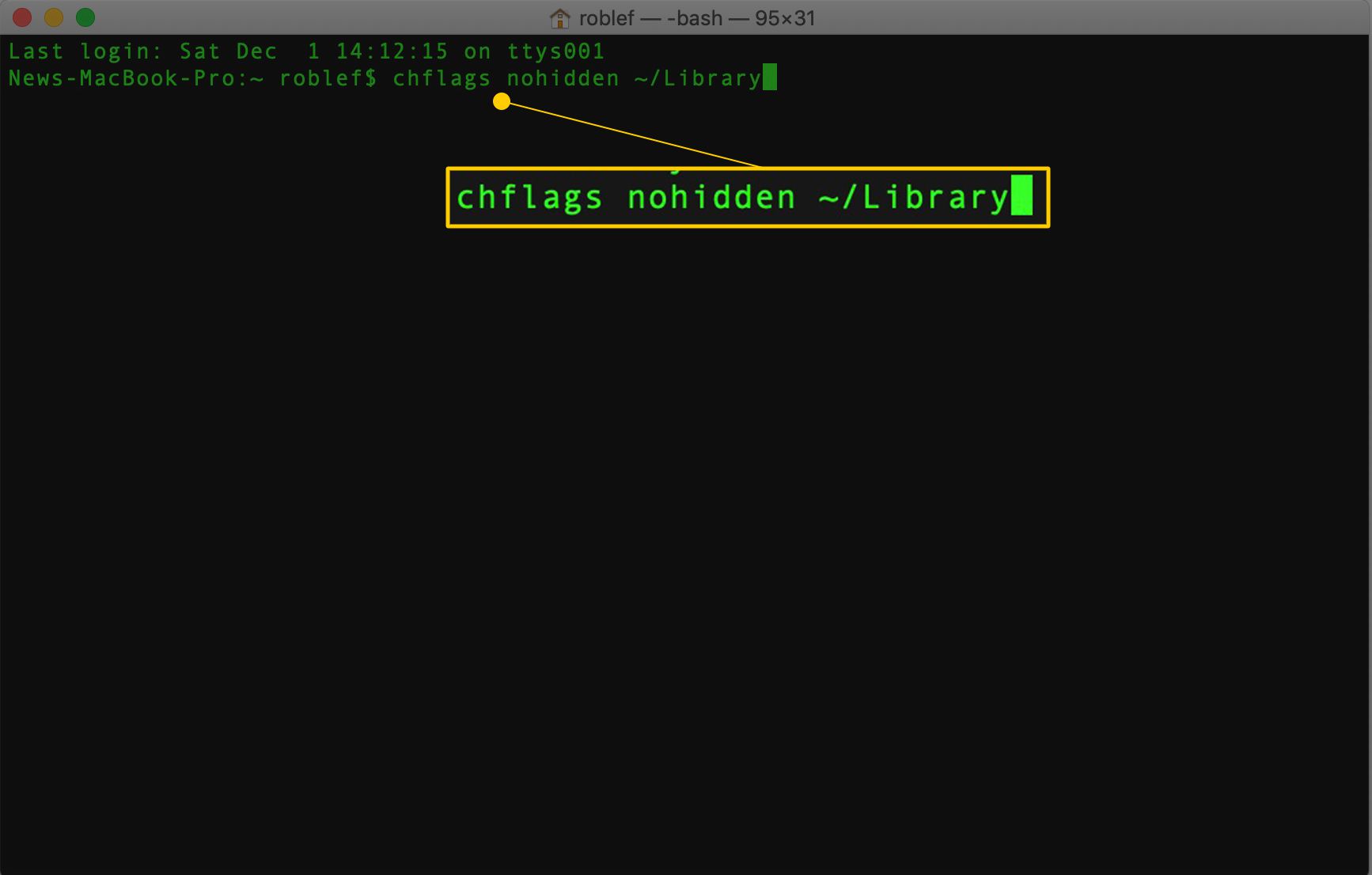 chflags nohidden ~/Library-opdracht in macOS Terminal-app
