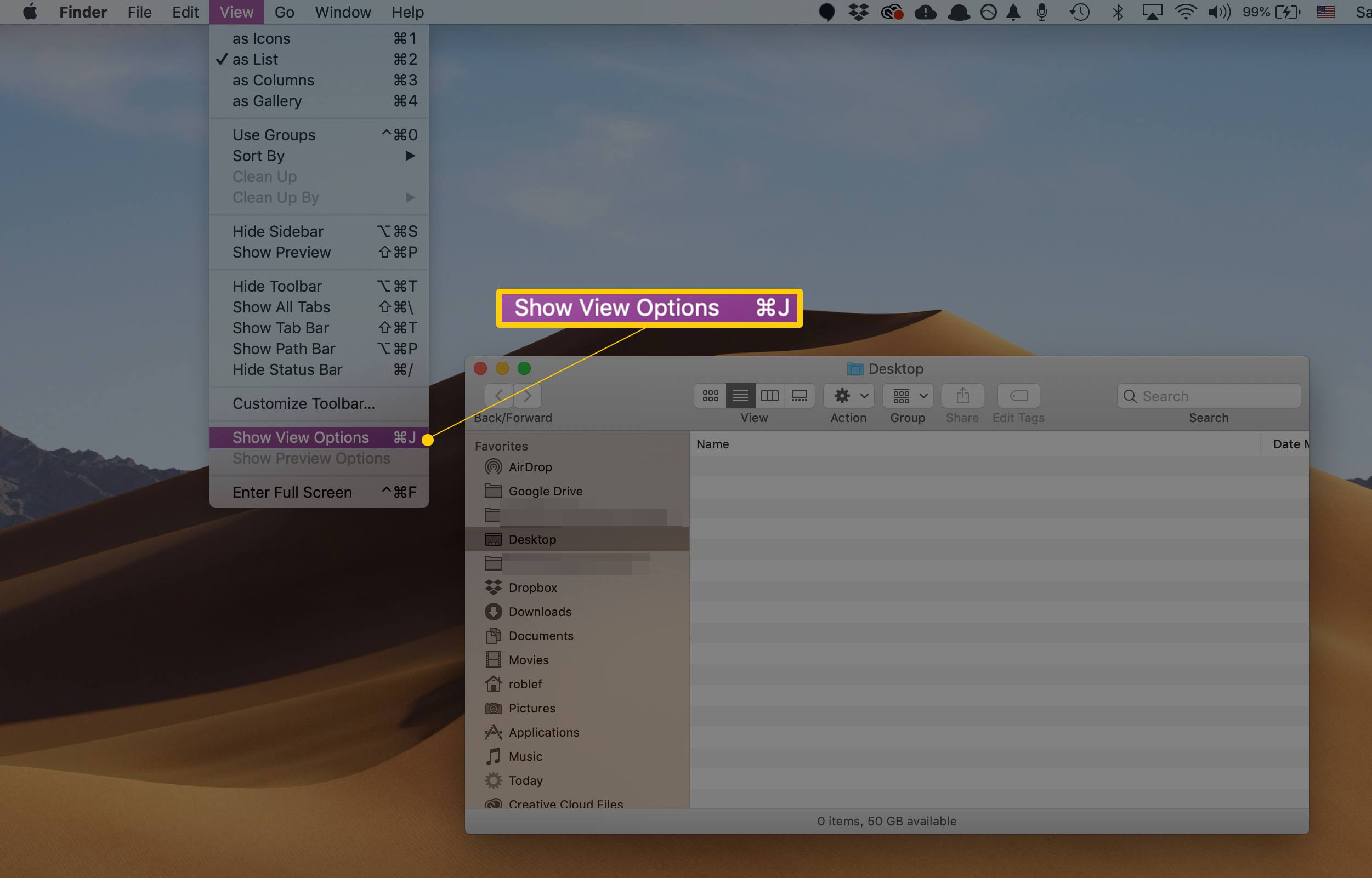 Toon Weergaveopties-item in het menu Weergave in macOS Finder