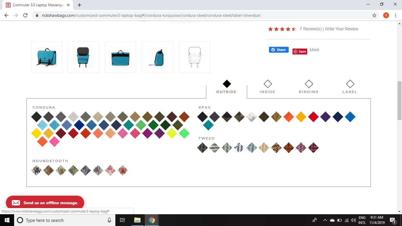 Klanten kunnen kleuren en stoffen kiezen voor de Commuter 3.0 Laptop Messenger Bag van Rickshaw Bags