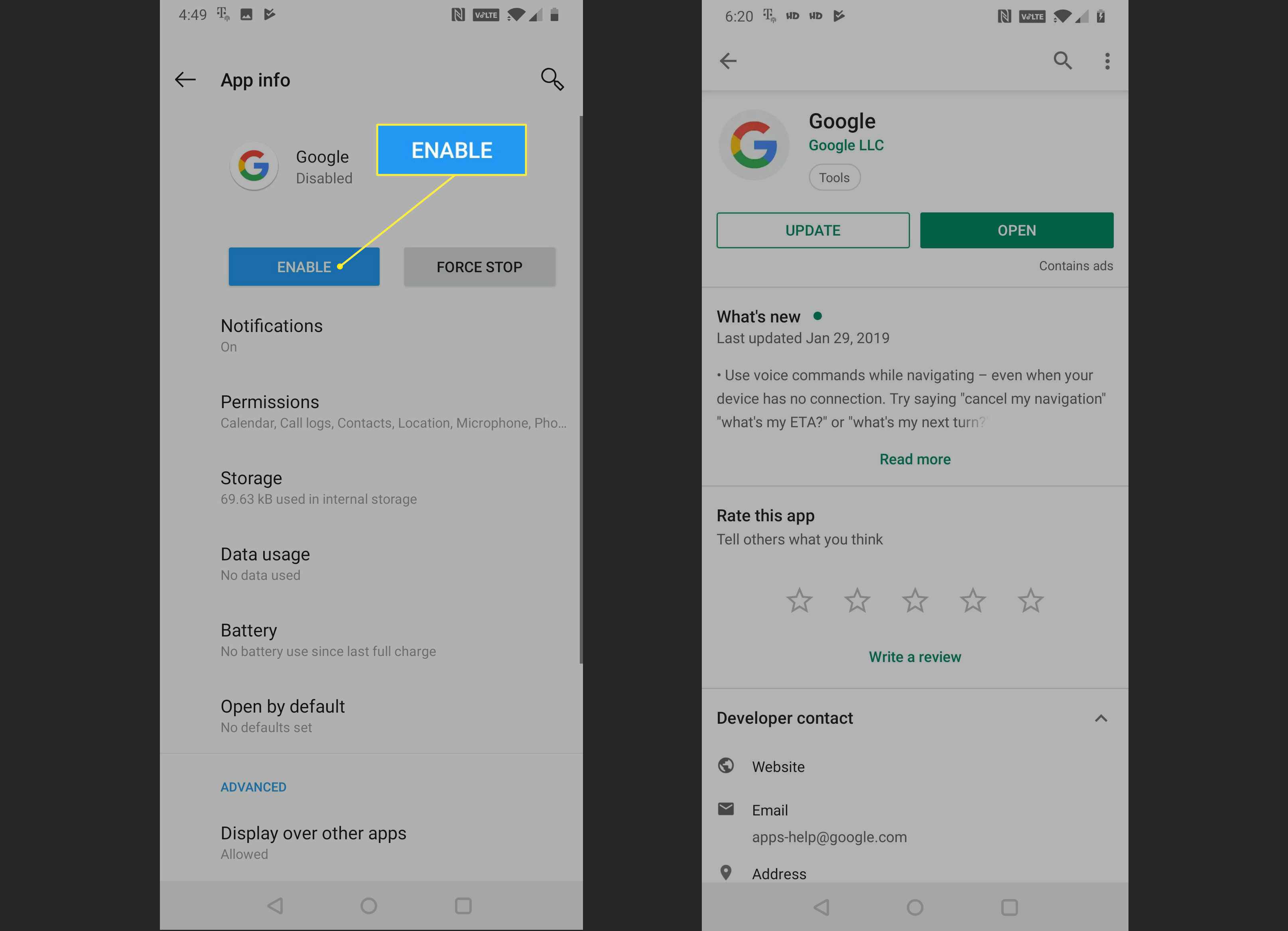 Google app Activeer optie en Google App in de Google Play Store