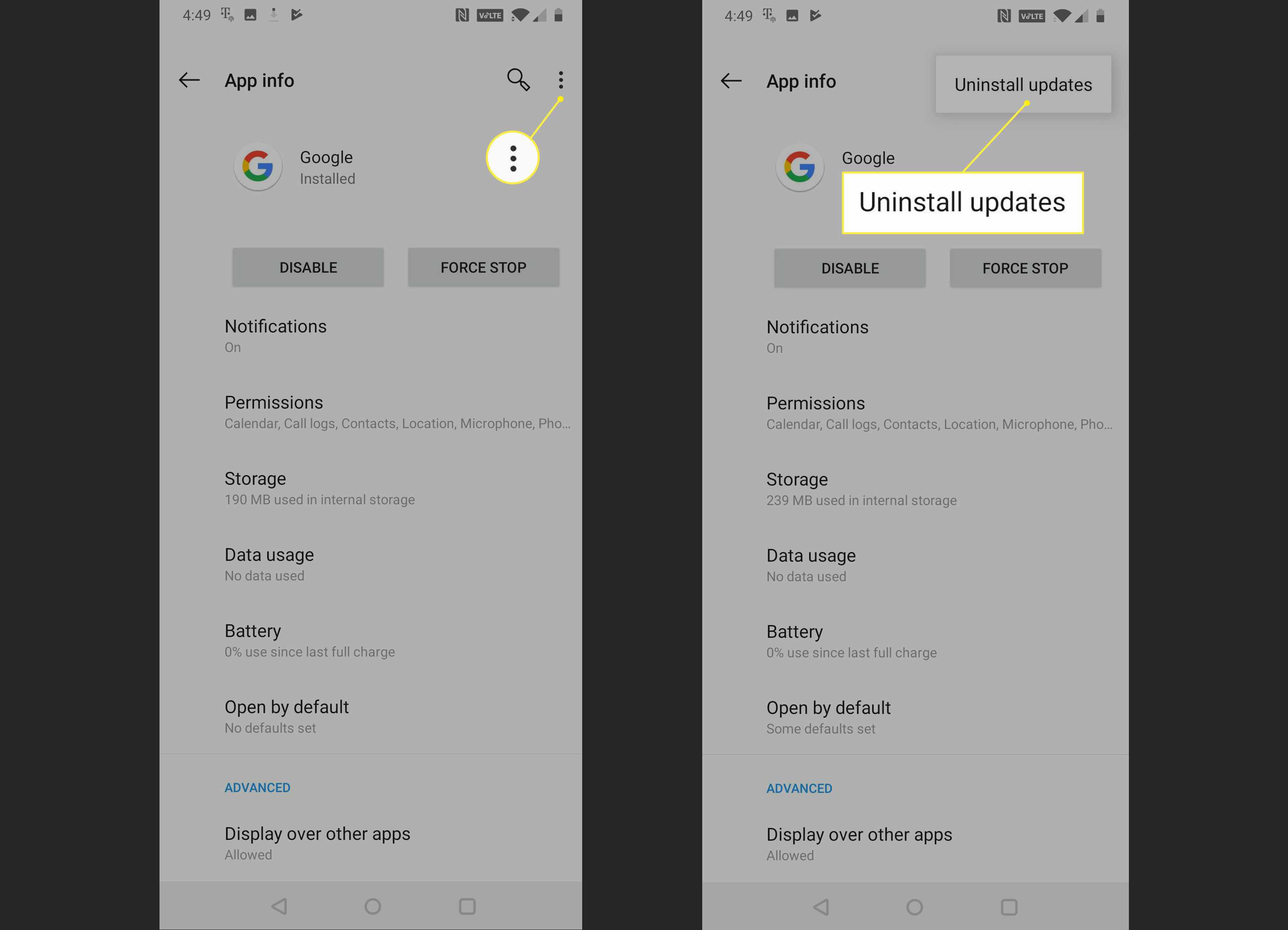 De update-optie voor het verwijderen van de Google-app