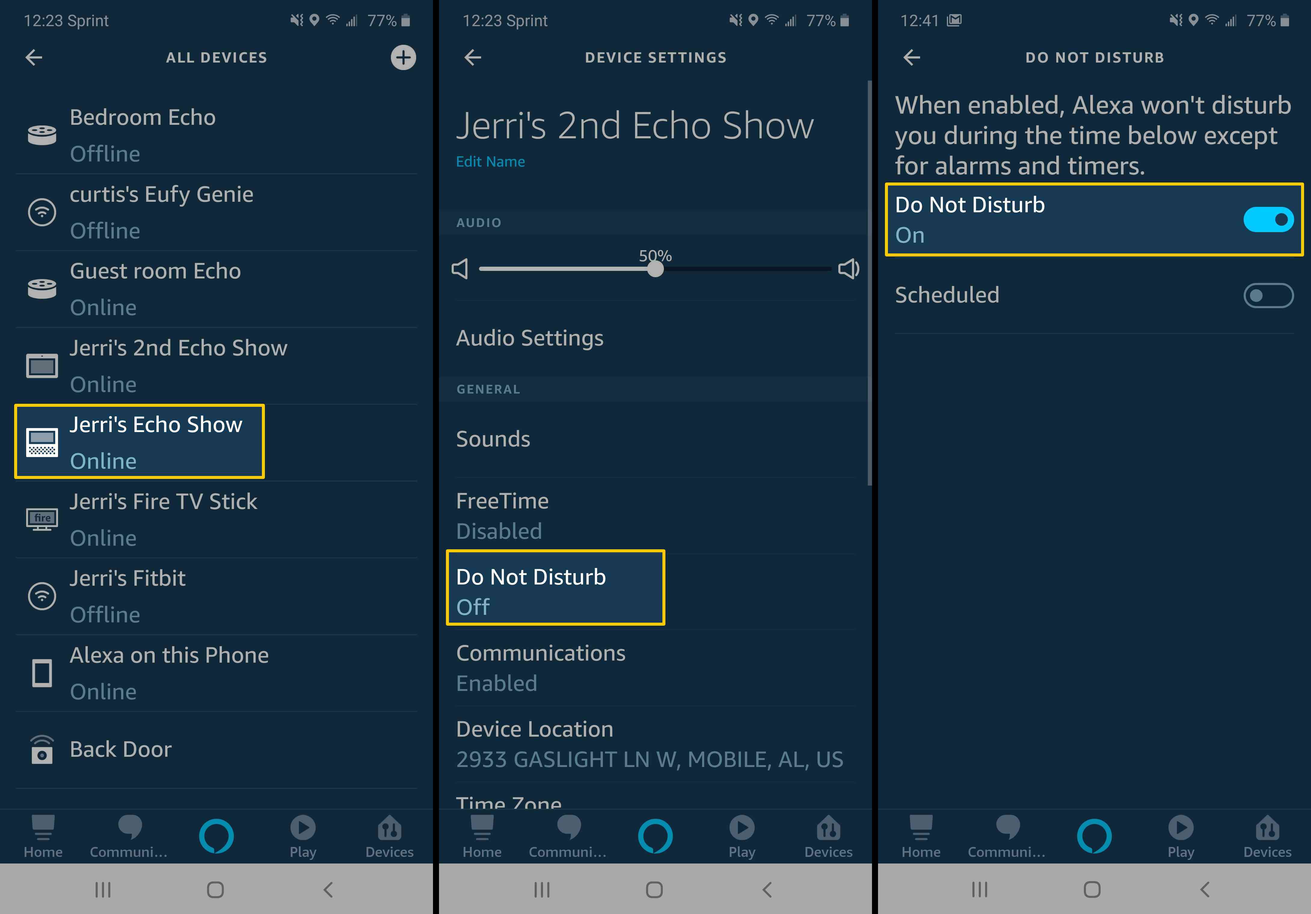 Screenshots die laten zien hoe je Do Not Disturb inschakelt in de Alexa-app.