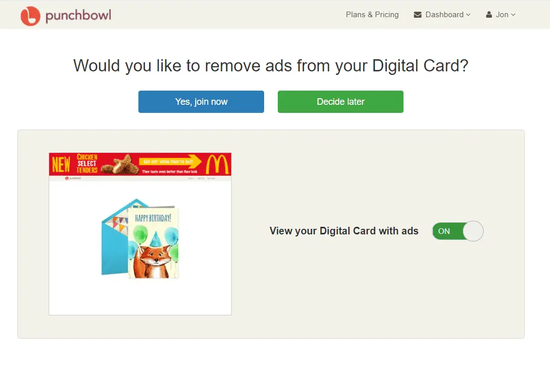 Punchbowl digitale kaart verwijder advertenties optie