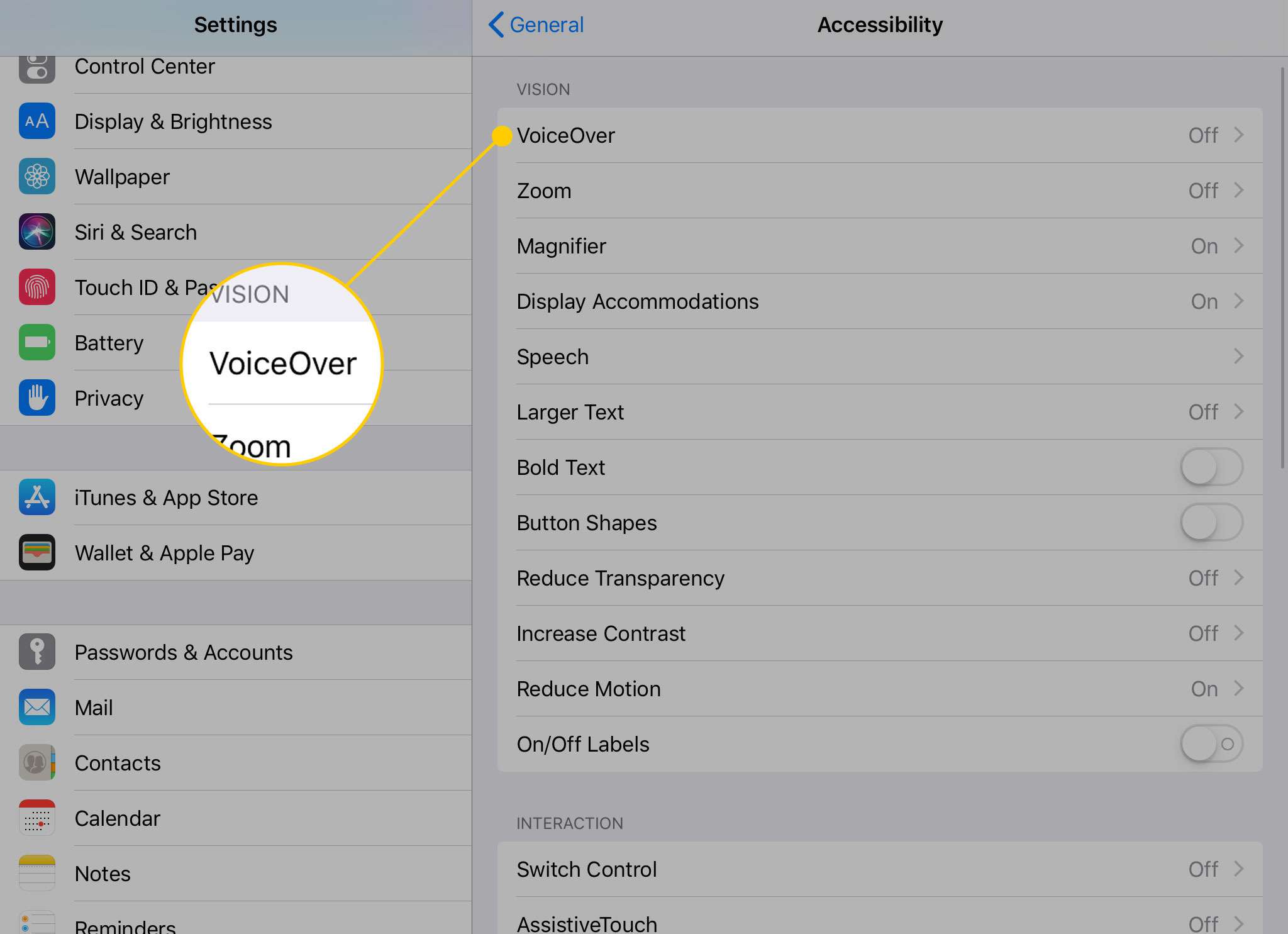 Toegankelijkheidsopties op een iPad met de VoiceOver-kop gemarkeerd