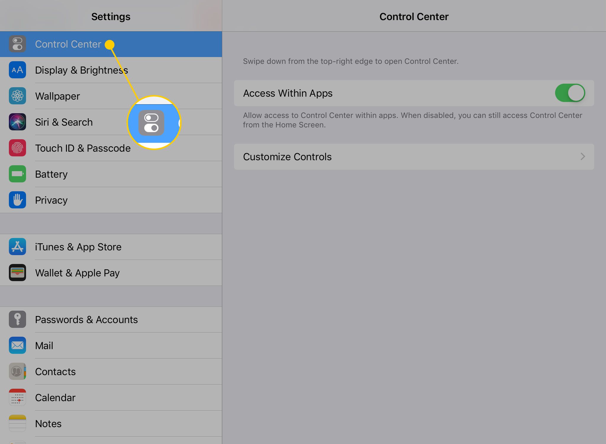 iPad-instellingen met de kop van het Control Center gemarkeerd