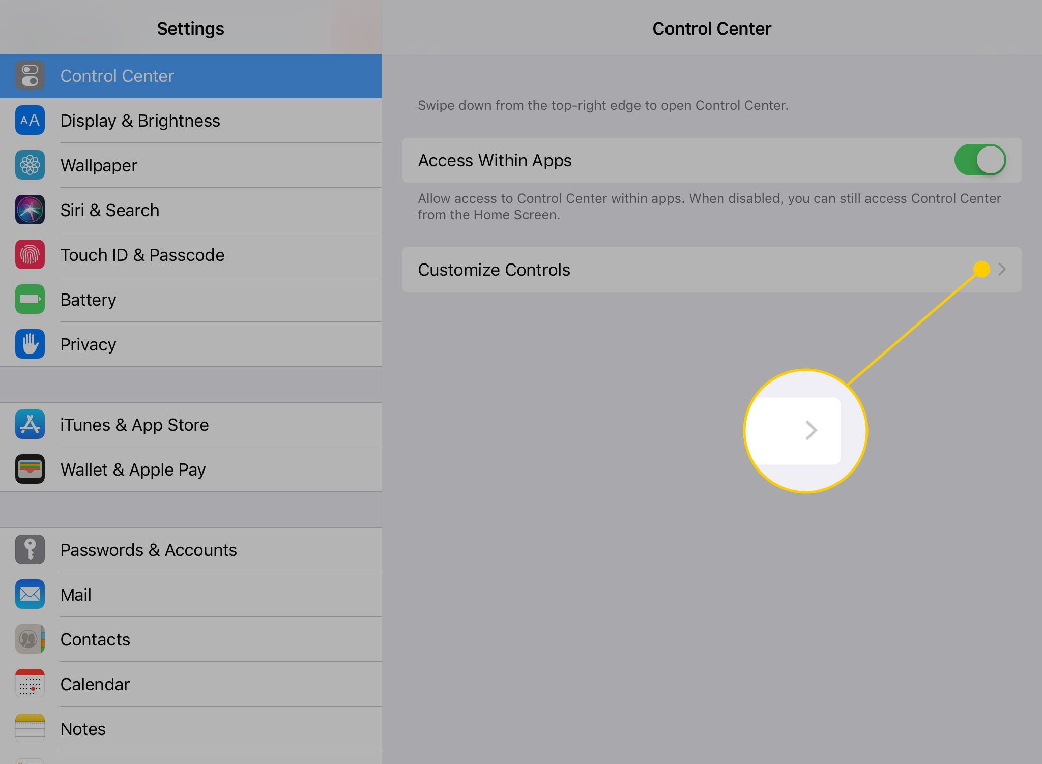 iPad Control Center-instellingen met de kop Besturing aanpassen gemarkeerd