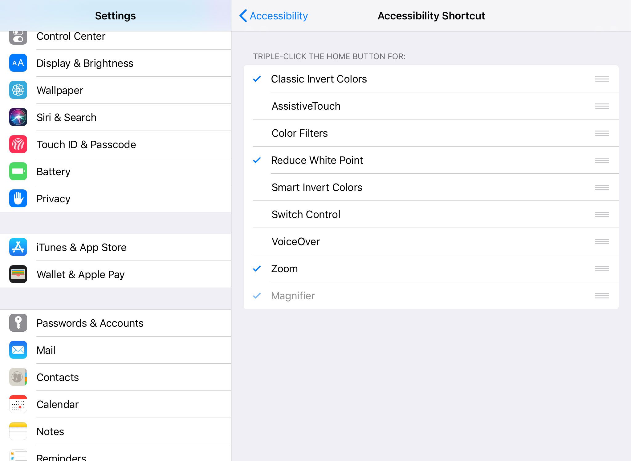 De opties voor snelkoppelingen voor toegankelijkheid op een iPad