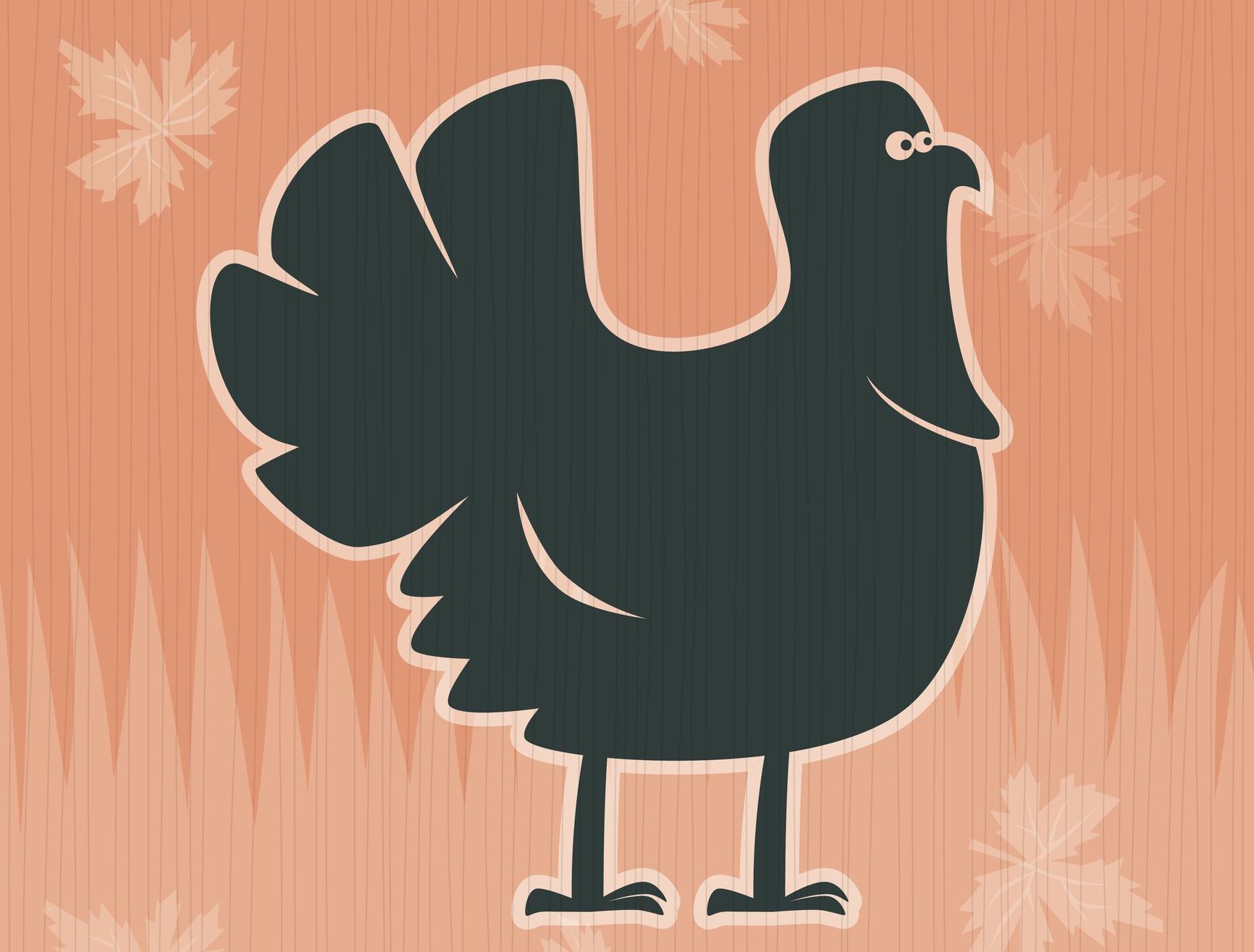 Illustratie van een Thanksgiving-kalkoen met bladeren die erachter vallen