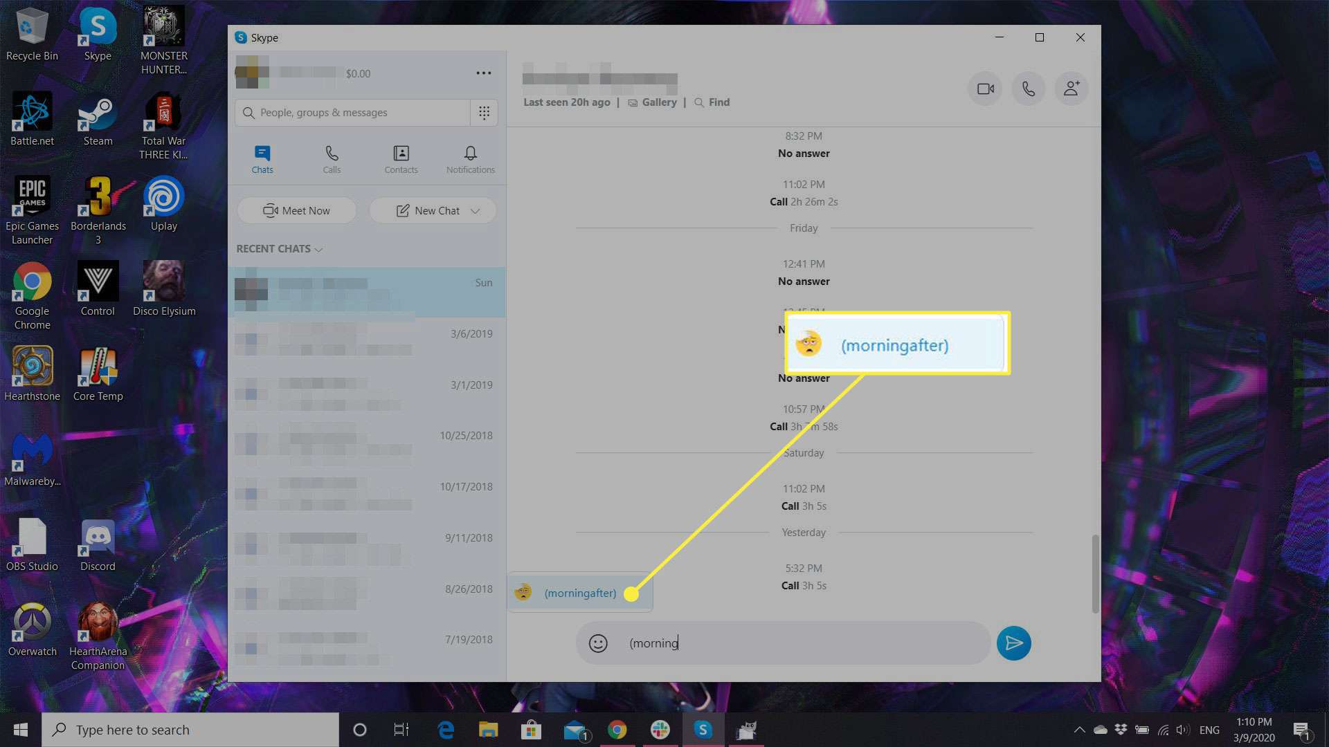 Een screenshot van Skype met een Emoji-snelkoppeling