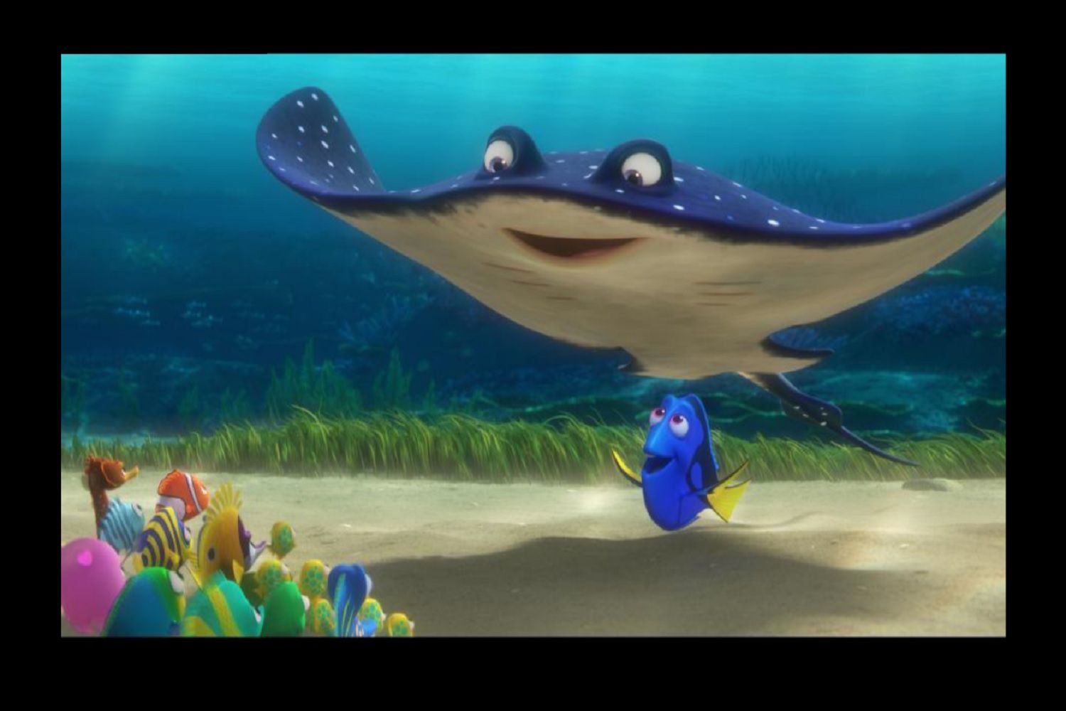 Een screenshot van een scène uit de film Finding Dory met het hoofdpersonage Dory.