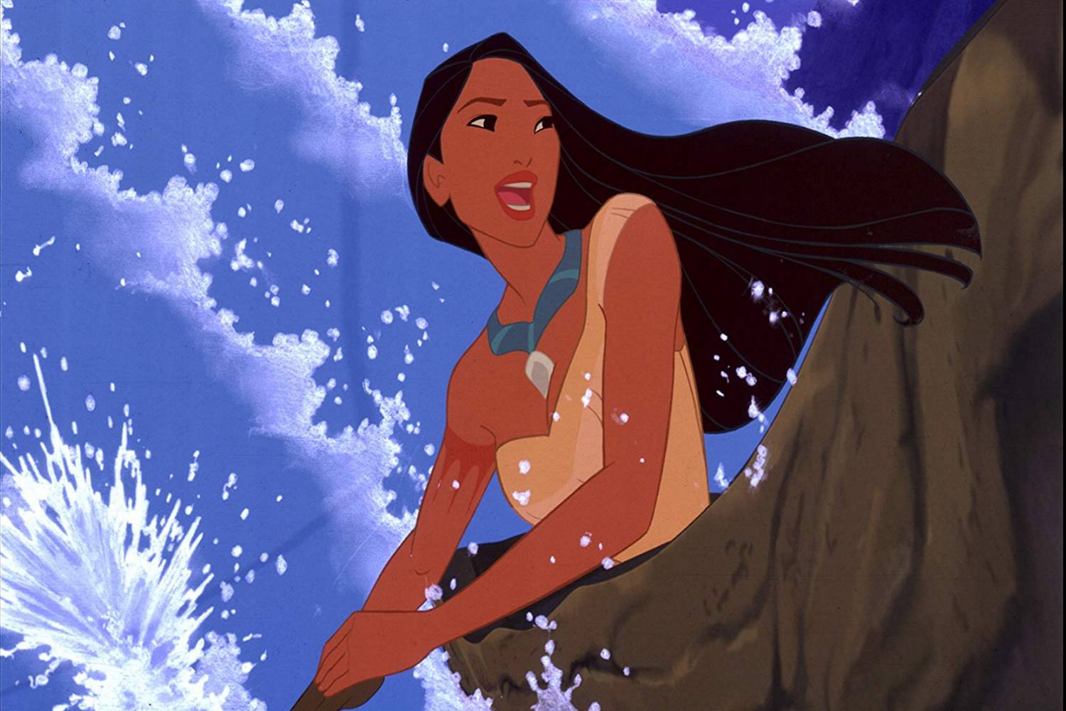 Een screenshot van een scène uit de animatiefilm Pocahontas.  De scène is voorzien van de titulaire karakter.