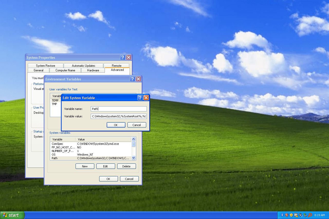 Windows XP pad systeemvariabele tekstvak