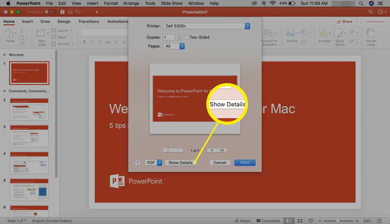 Details weergeven in PowerPoint voor Mac.