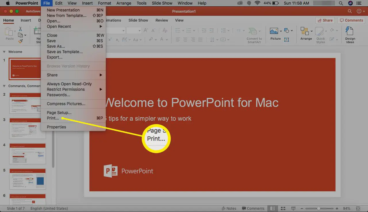 Afdrukken selecteren in PowerPoint voor Mac.