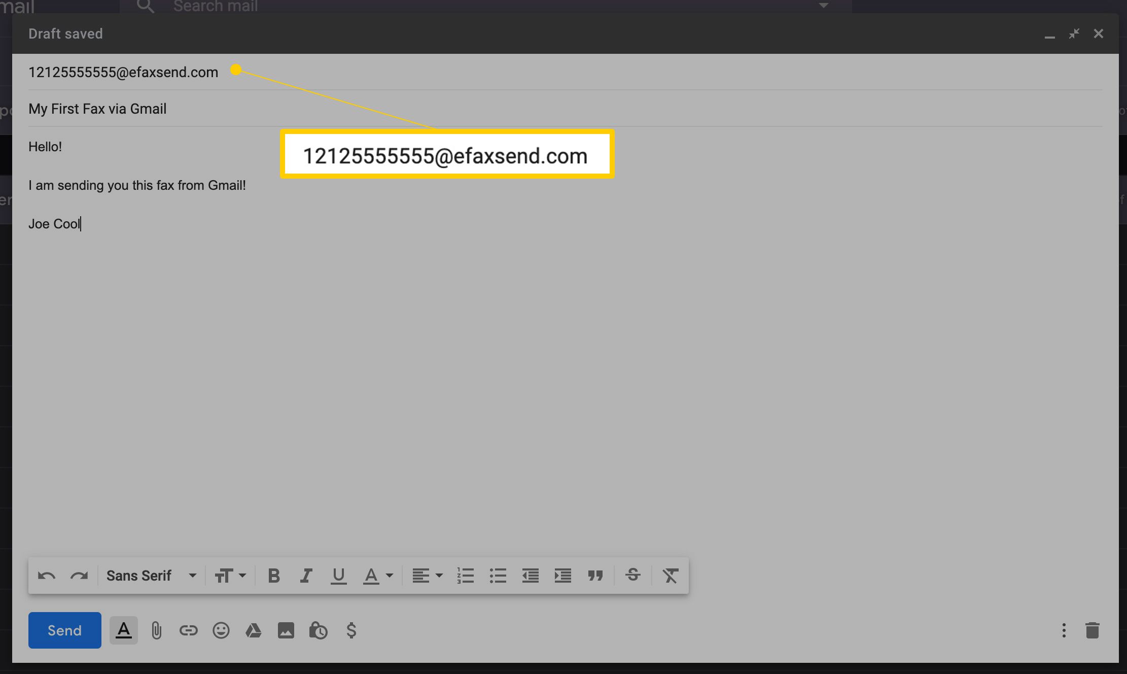 Efax-nummer in het veld Aan: in Gmail