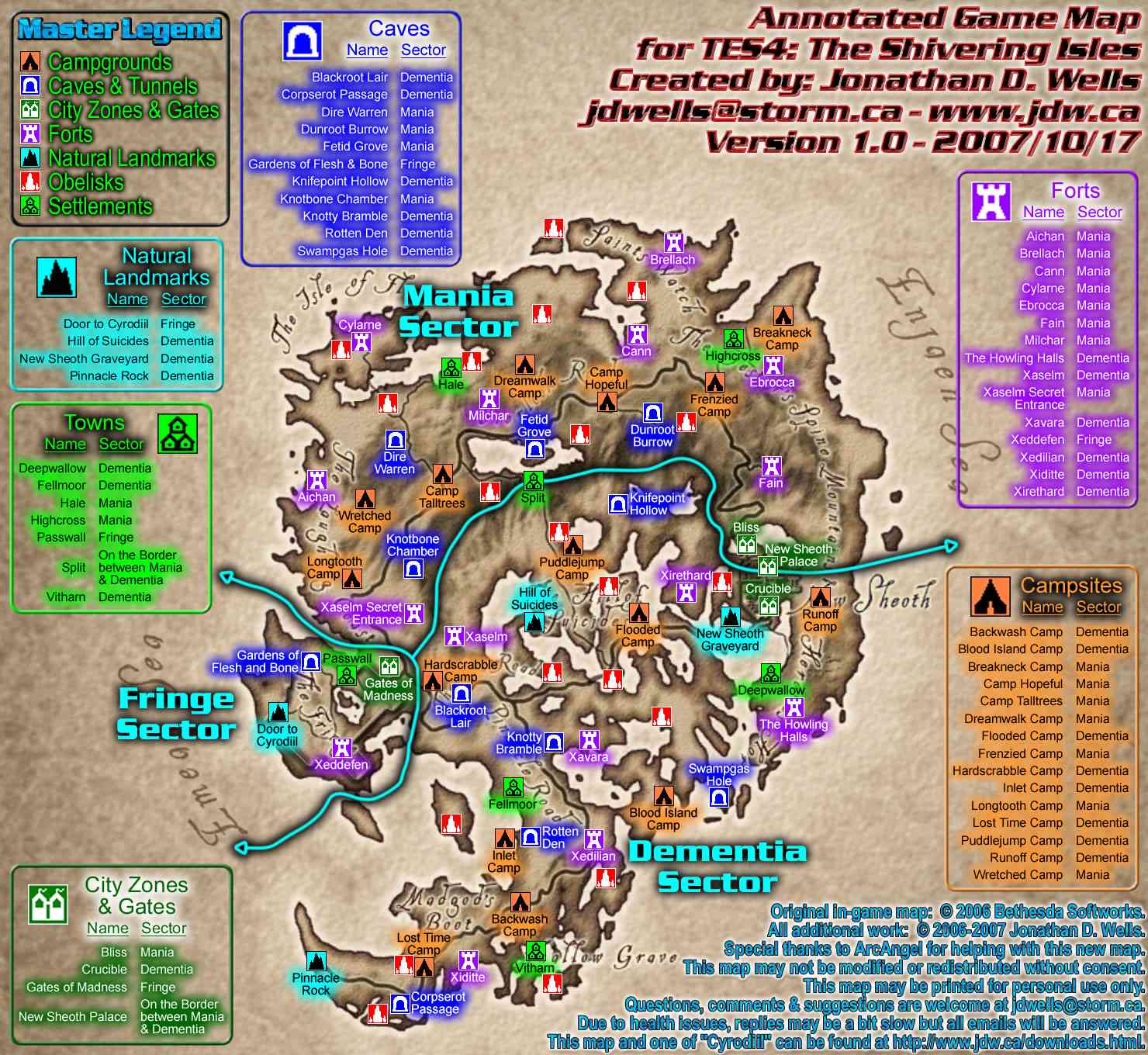 Deze geannoteerde Oblivion-kaart bevat de inhoud die is toegevoegd aan het uitbreidingspakket Shivering Isles.