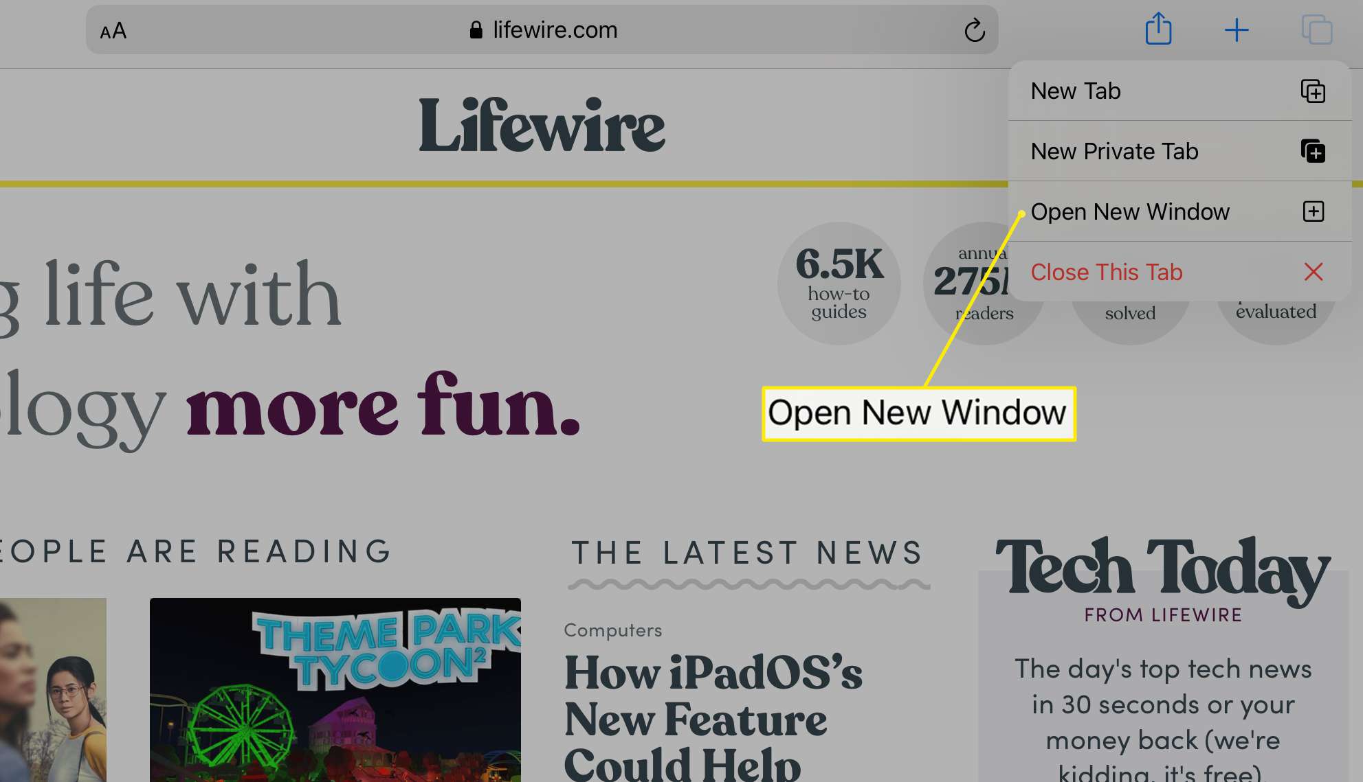 Open Nieuw venster gemarkeerd in het tabbladmenu in Safari voor iPad