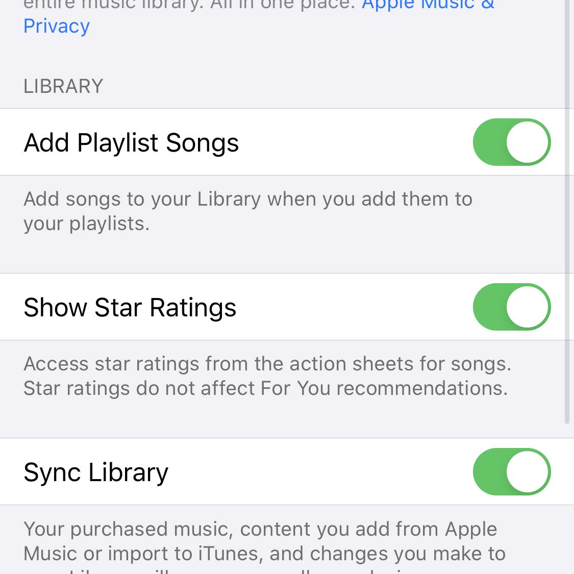 Screenshot van instellingen voor iOS Music-app