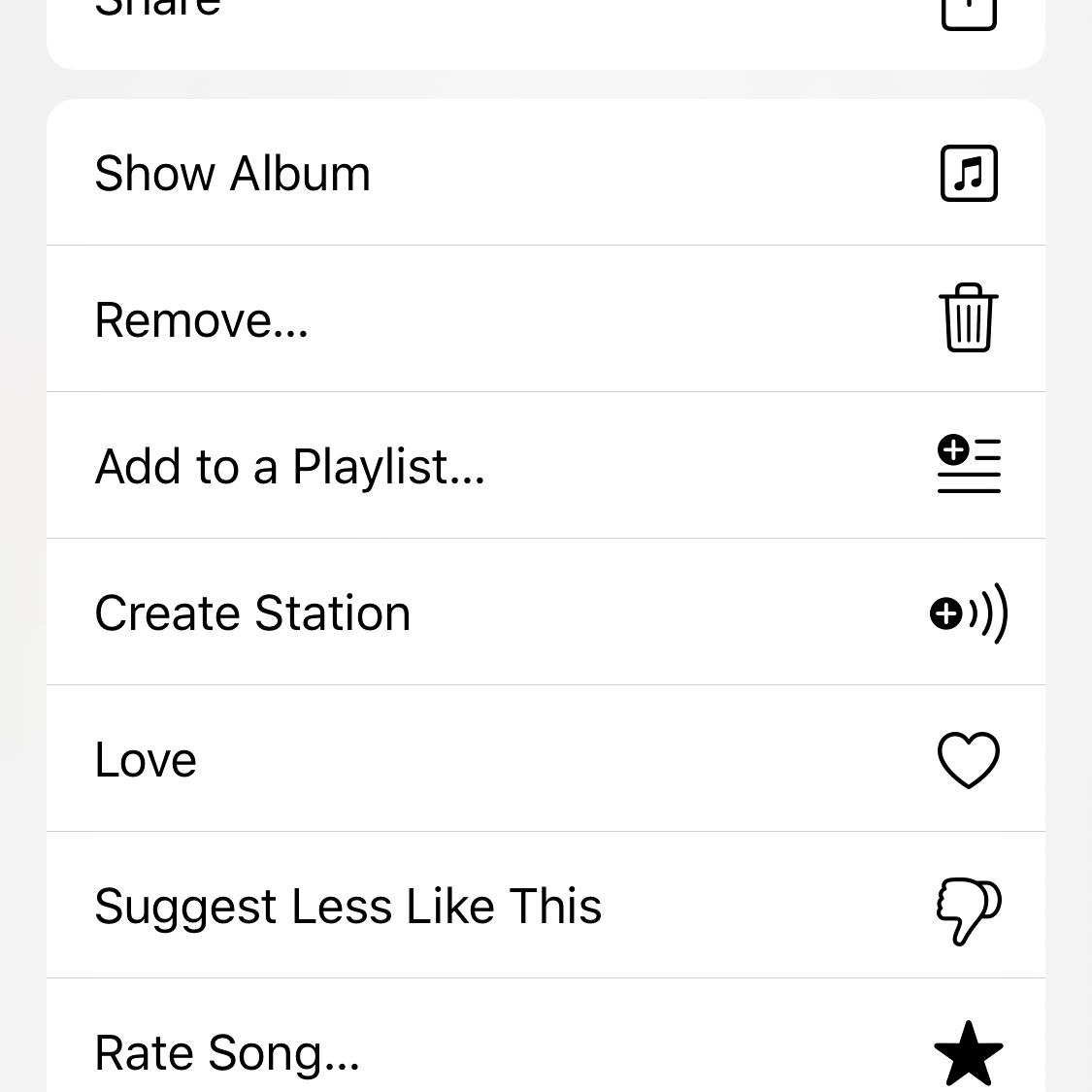 Screenshot van opties voor delen van iOS Music-apps