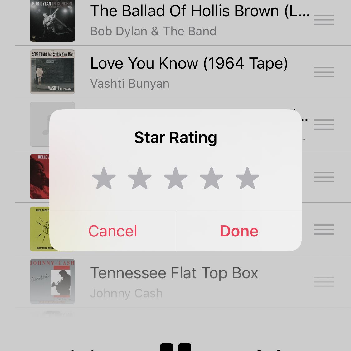 Screenshot van de sterbeoordelingsoptie in de iOS Music-apps