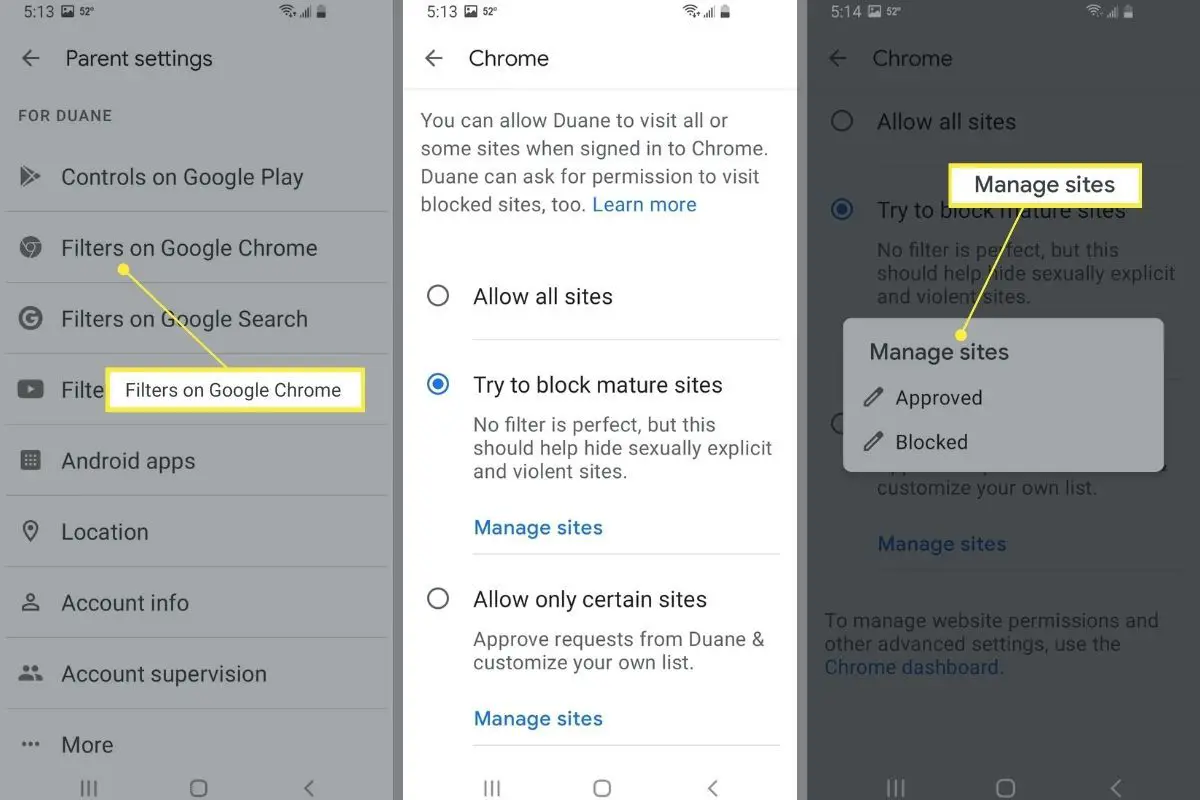 Filters op Google Chrome en opties voor het beheren van sites in de Google Family Link-app. 