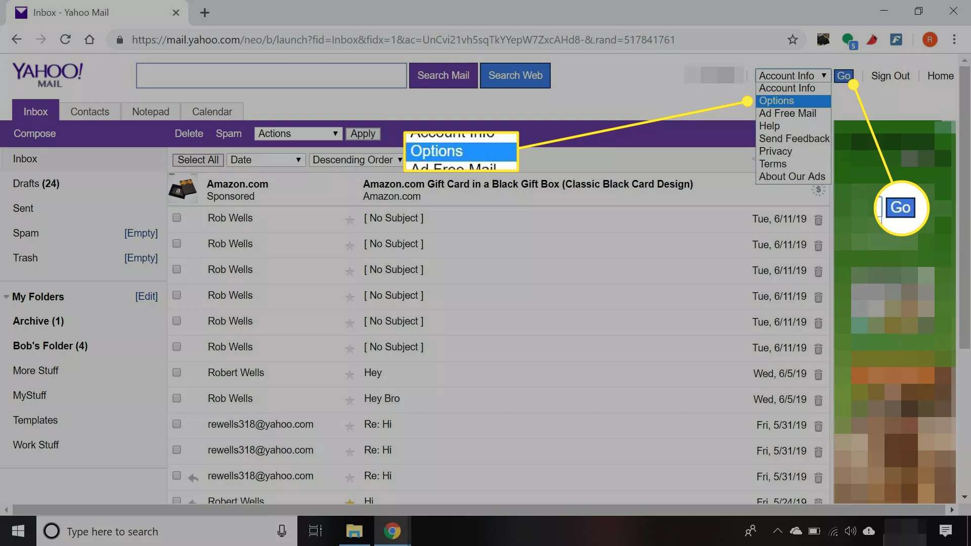 Een Yahoo Mail-inbox met 'Opties' en 'Go' gemarkeerd