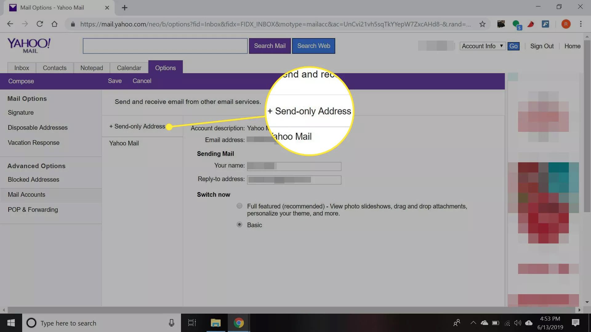 Yahoo Mail-instellingen met 'Alleen verzenden adres' gemarkeerd