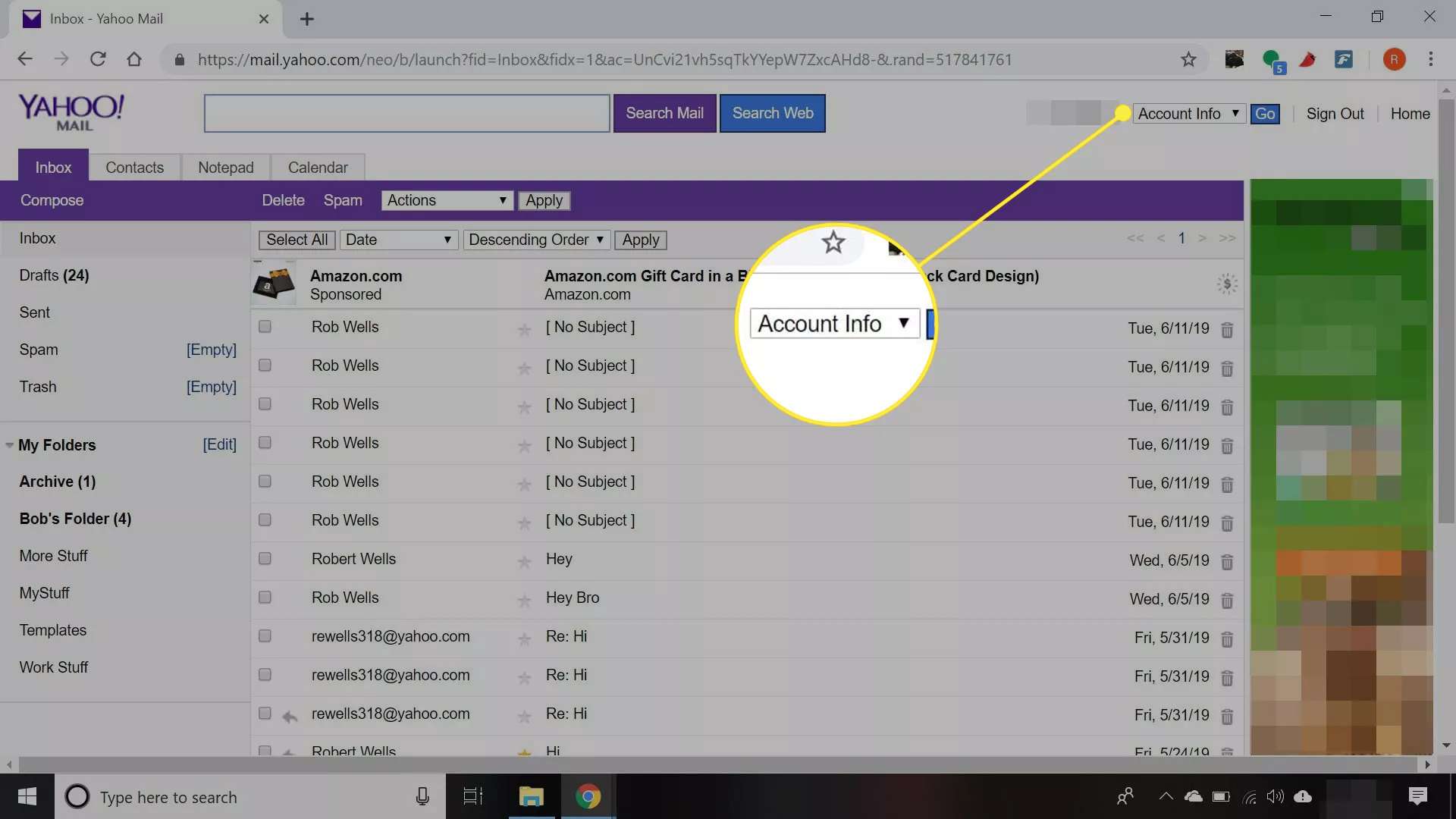 Een Yahoo Mail-inbox met 'Accountinfo' gemarkeerd