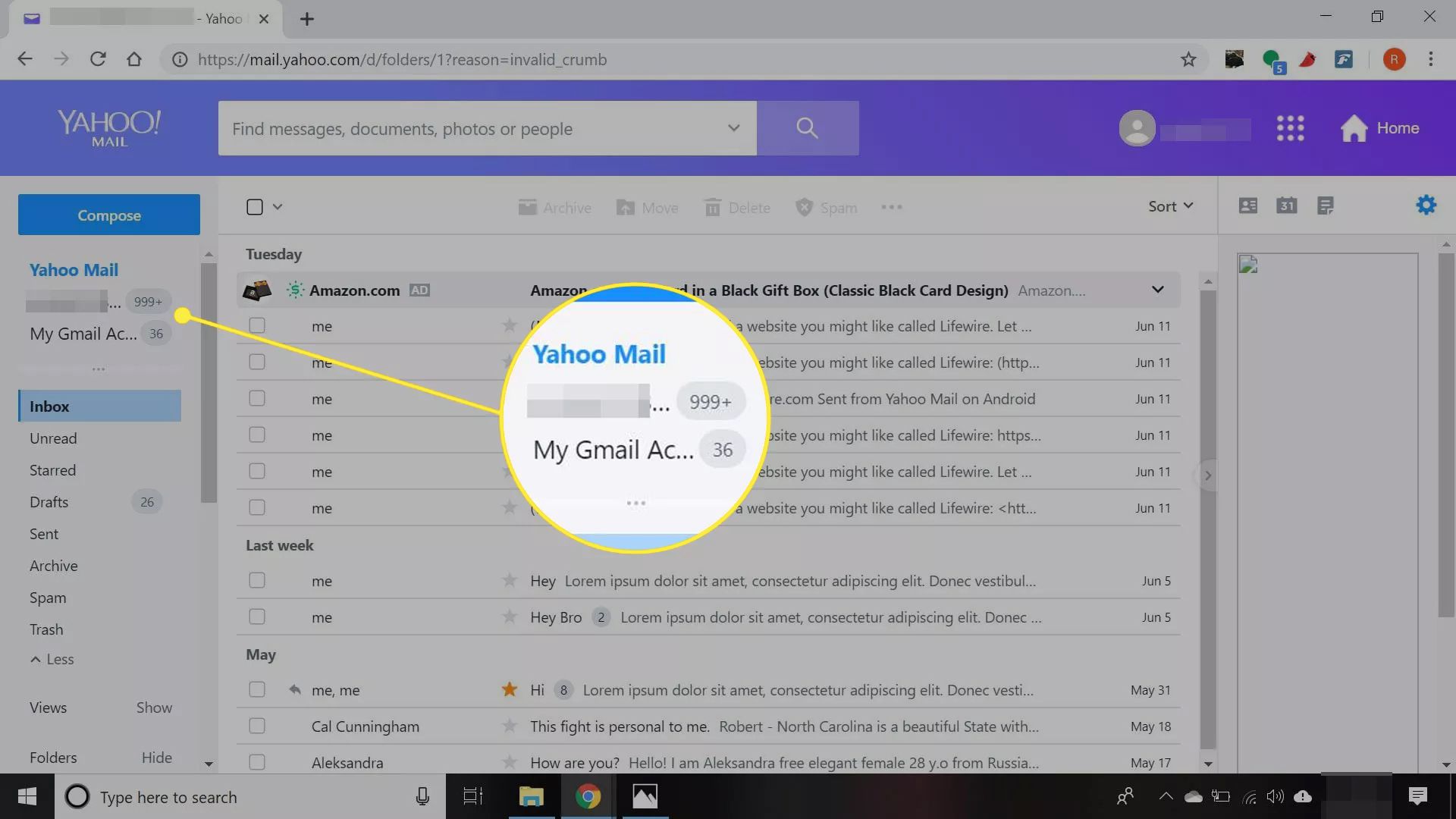 Een Yahoo Mail-inbox met extra e-mailaccounts gemarkeerd