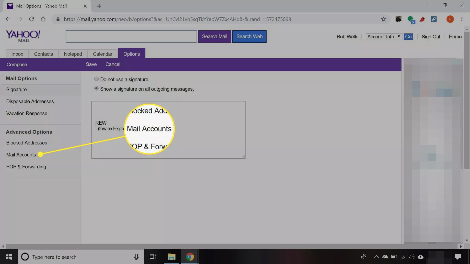 Yahoo Mail met de optie 'Mail Accounts' gemarkeerd