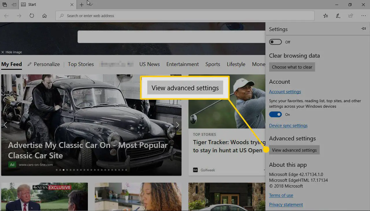 Geavanceerde instellingen bekijken in Microsoft Edge