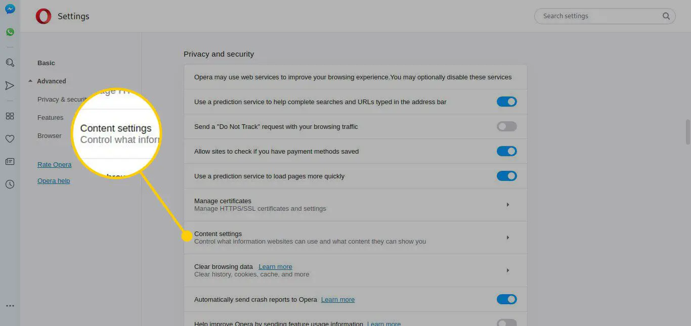 Optie Inhoudsinstellingen in de privacy- en beveiligingsinstellingen van Opera