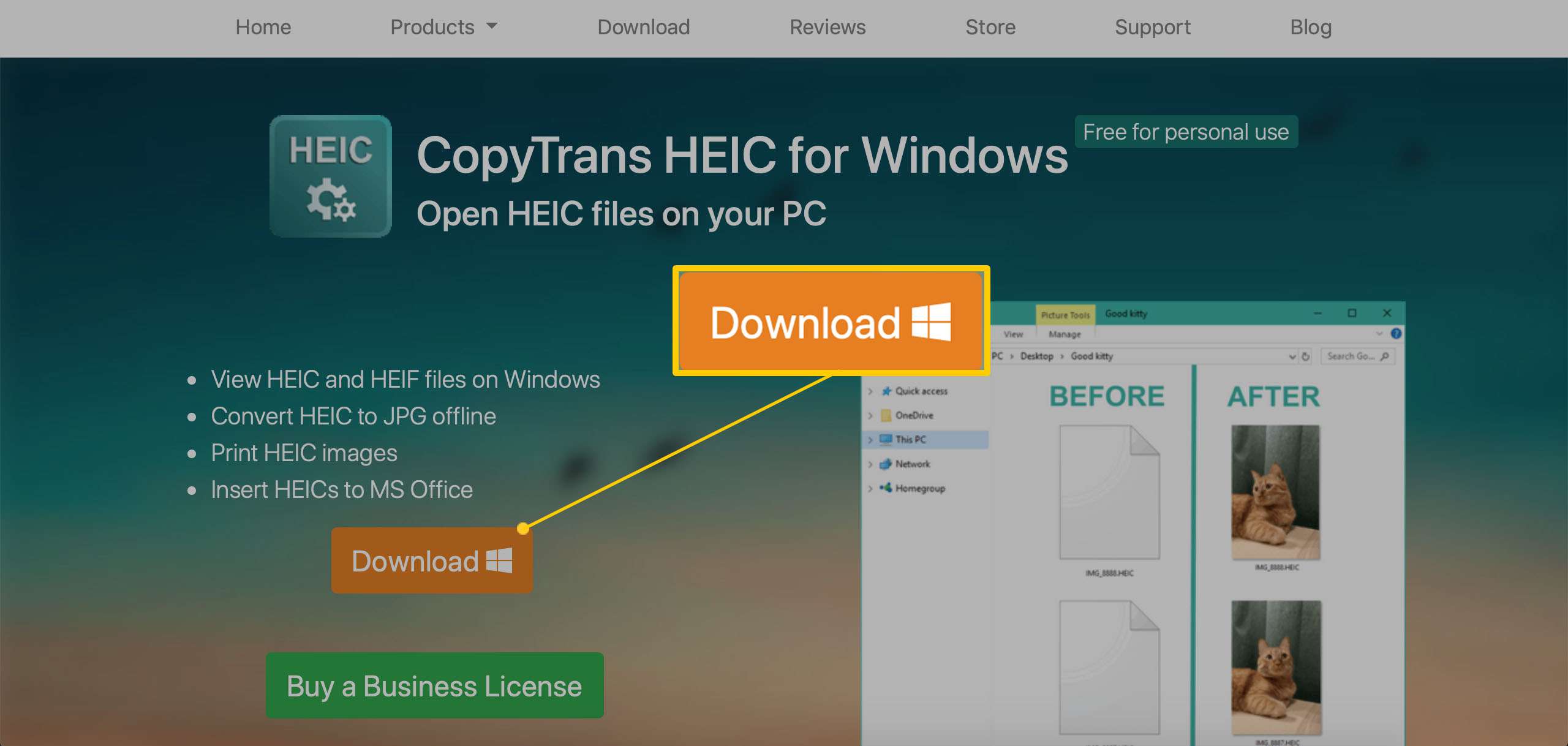 Een browservenster met het CopyTrans HEIC voor Windows-softwarepakket